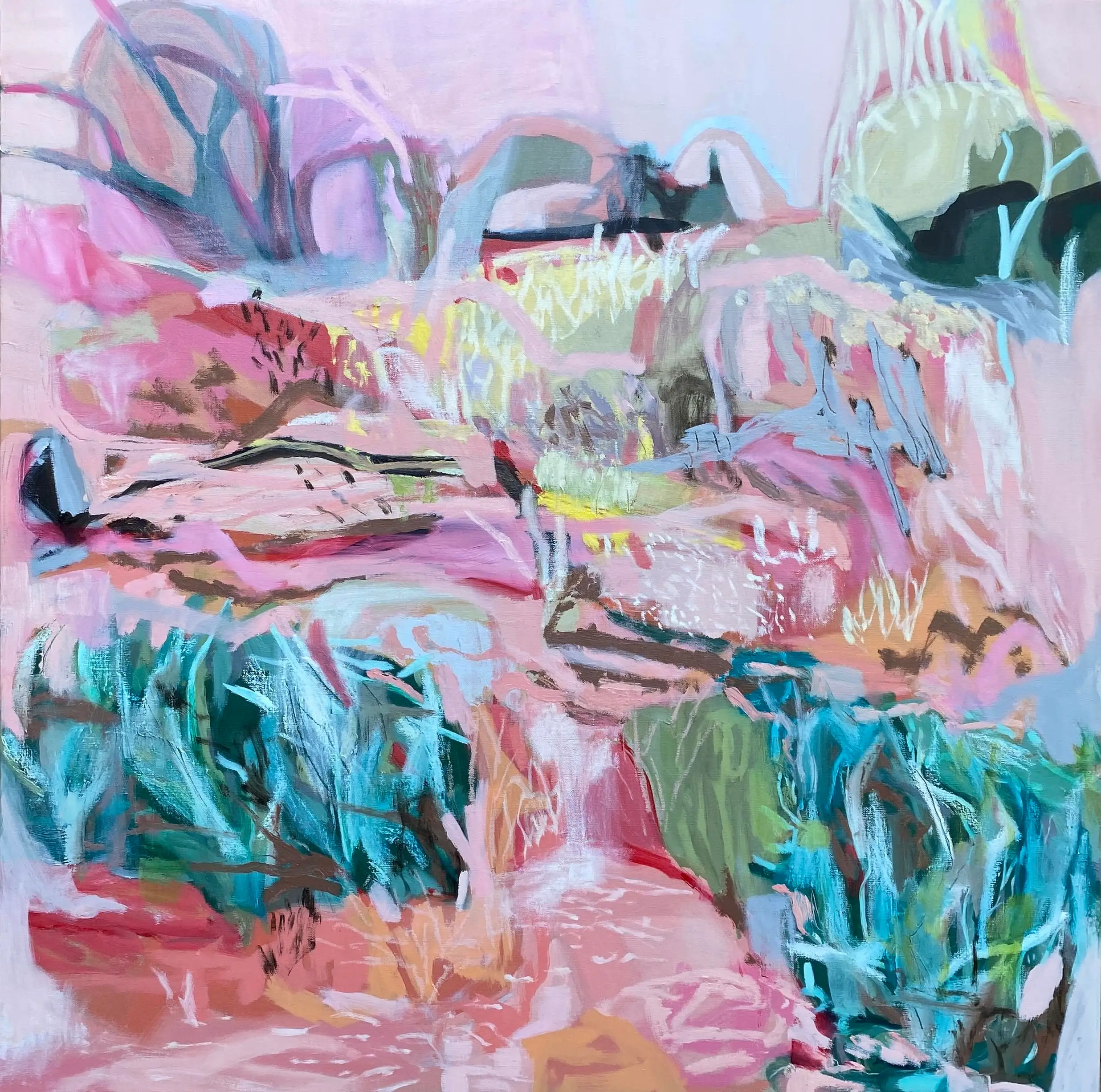 Walk to the River, Shari Nye, Oil and acrylic on linen Framed in sustainable Eucalyptus 95cm x 95 cm